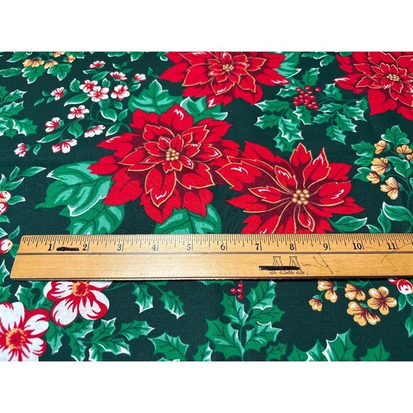 Vintage Christmas Fabric Country Red & Green Poinsettias & Holly Cotton Material - Picture 2 of 6